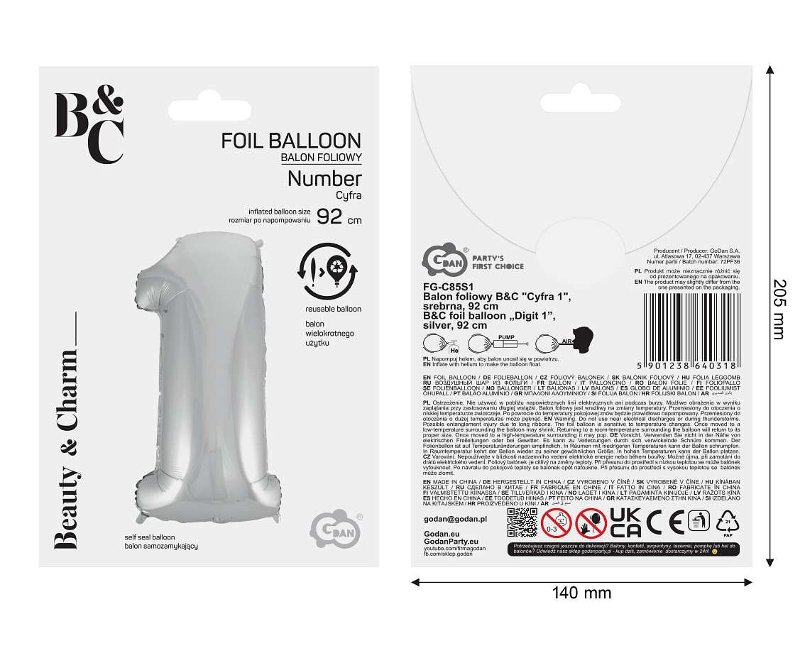 Foil balloon B&C digit 1, silver, 92 cm